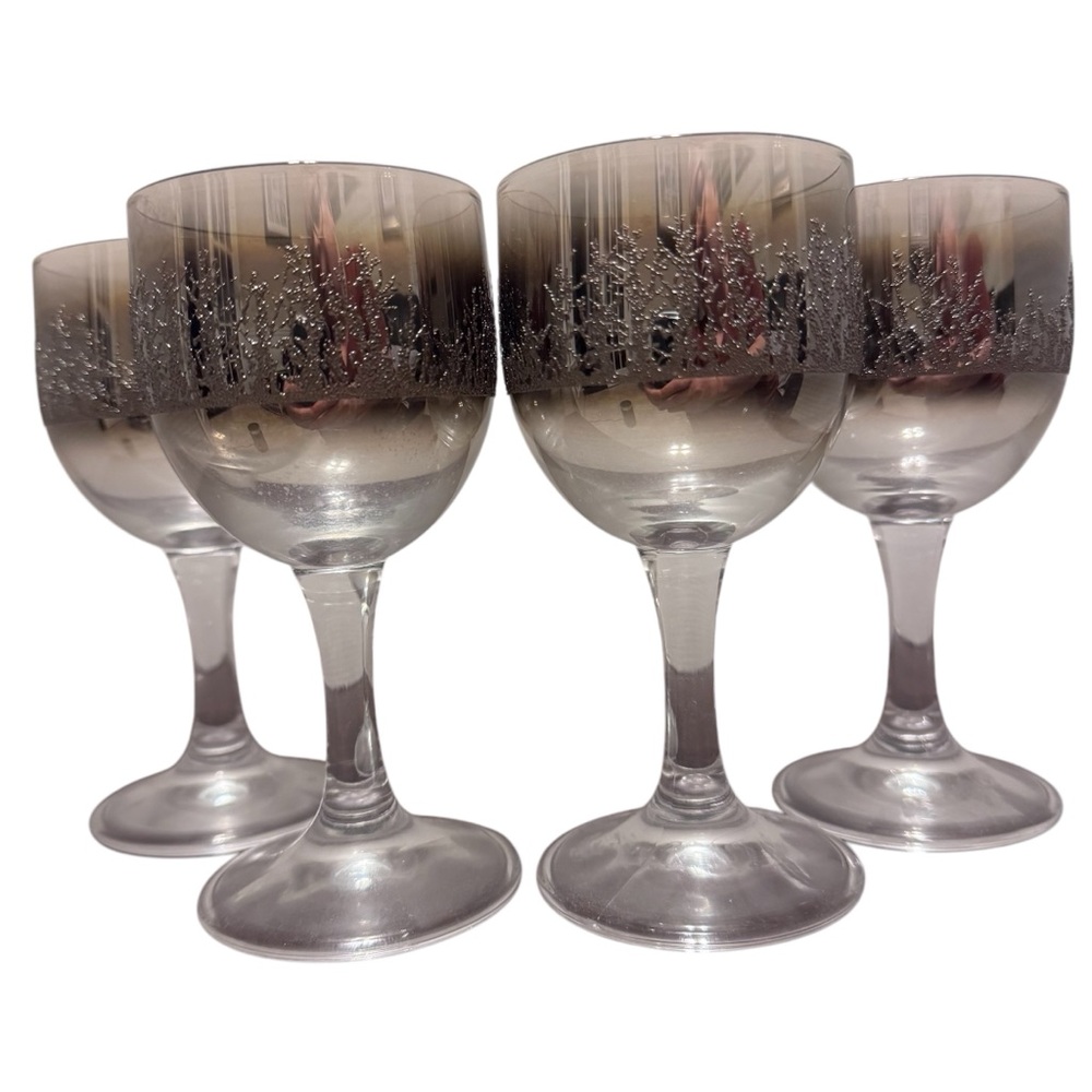 Vintage MCM Silver Fade Ombre Cordial Wine Glasses Stems Barware France Set of 4